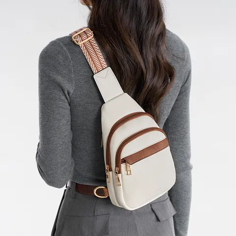 Women's Vintage PU Leather Chest Bag Contrast Color Wide Geometric Pattern Strap Crossbody Shoulder Bag Multi Compartment Fashion Waist Sling Bag