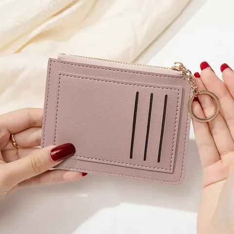Damen Minimalistisch PU Leder Kartenhalter Portemonnaie RFID Schutz Ultradünn Reißverschluss Münzbörse Mit Schlüsselanhänger