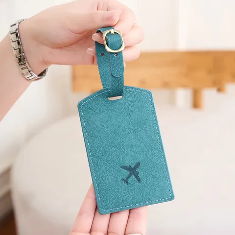 PU Leather Luggage Tag With Airplane Pattern Adjustable Buckle Strap Privacy Cover Travel Suitcase Name ID Card Label