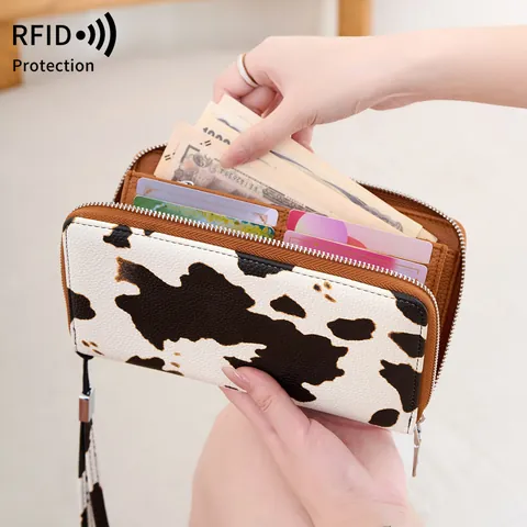 Portafoglio Donna Con Protezione RFID Grande Capacità in Pelle PU Pochette Lunga Con Cinturino da Polso Stampa Animale Organizer Multi Slot per Carte