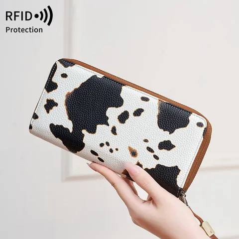 RFID Blocking Women Long Wallet Double Zipper PU Leather Animal Print Purse Large Capacity Clutch Card Holder Phone Bag