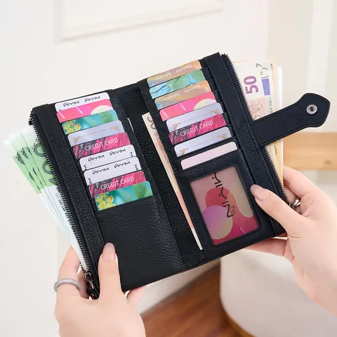 Damen Lange Brieftasche Doppelreißverschluss Lychee Muster PU Leder Mehrere Schlitze Große Kapazität RFID Schutz Mode Handheld Geldbörse