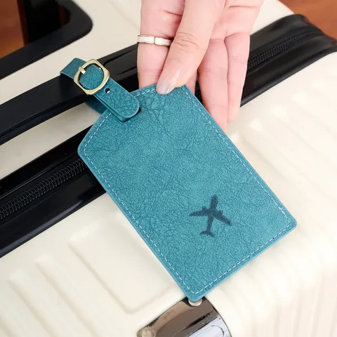 PU Leather Luggage Tag With Airplane Pattern Adjustable Buckle Strap Privacy Cover Travel Suitcase Name ID Card Label