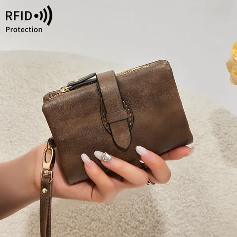 Petit Portefeuille Femme Protection RFID Vintage en Cuir PU À Trois Volets Multiples Fentes pour Cartes Poche Monnaie Zippée