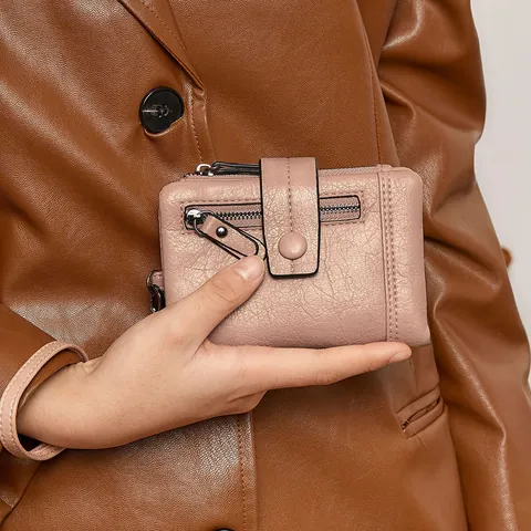Women's Retro PU Leather Trifold Wallet RFID Blocking Short Clutch With Wristlet Multiple Card Slots Zipper Coin Purse