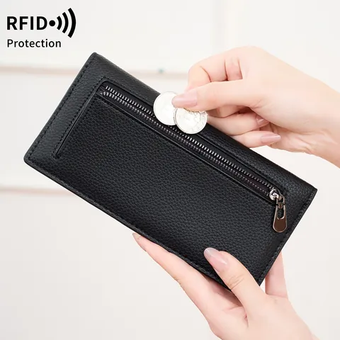 RFID-Schutz Damen Lange Geldbörse PU-Leder Schlank Kartenhalter Multifunktionale Clutch Tasche Reise Reisepass Organizer Beutel