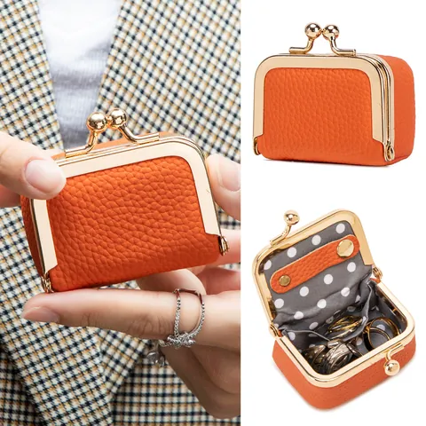 Mini Porte-monnaie en Cuir Véritable Cuir de Vache Grain de Litchi Sac à Bijoux Vintage Or Métal Fermoir Baiser Petite Pochette Rouge à Lèvres Accessoires Femme