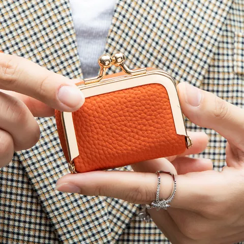 Mini Porte-monnaie en Cuir Véritable Cuir de Vache Grain de Litchi Sac à Bijoux Vintage Or Métal Fermoir Baiser Petite Pochette Rouge à Lèvres Accessoires Femme