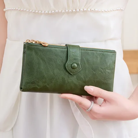 Portefeuille Long pour Femmes Double Fermeture Éclair Cuir PU Blocage RFID Grande Capacité Porte-Cartes Mode Vintage Pochette