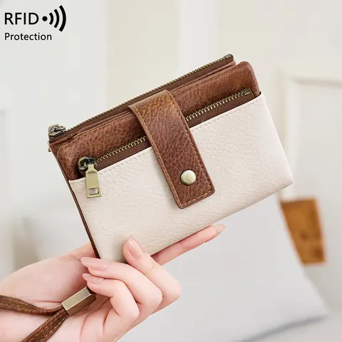 Vintage Damen RFID Schutz PU Leder Dreifach Gefaltete Brieftasche Große Kapazität Kontrastfarbe Kurze Geldbörse Mit Handgelenkschlaufe