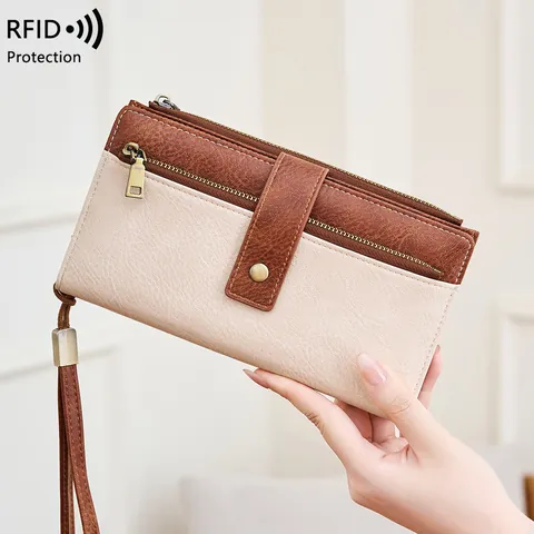 Women RFID Blocking Long Wallet PU Leather Contrast Color Clutch Bag Multi Card Slots Tri-Fold Phone Purse With Wristlet