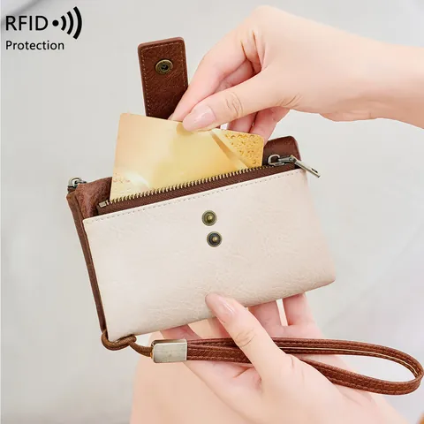 Vintage Damen RFID Schutz PU Leder Dreifach Gefaltete Brieftasche Große Kapazität Kontrastfarbe Kurze Geldbörse Mit Handgelenkschlaufe