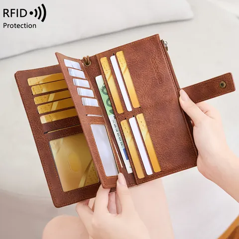 Women RFID Blocking Long Wallet PU Leather Contrast Color Clutch Bag Multi Card Slots Tri-Fold Phone Purse With Wristlet