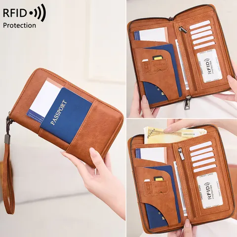 Blocage RFID Protège-passeport de Voyage Portefeuille Grande Capacité Cuir PU Organisateur de Documents Avec Dragonne Pour Cartes Argent