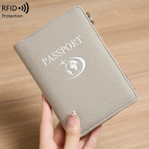 Protection RFID Protège-passeport Motif Litchi Cuir PU Sac de Documents de Voyage Portefeuille Multifonctionnel avec Fermeture Éclair