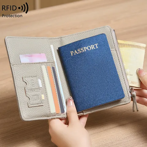 Protection RFID Protège-passeport Motif Litchi Cuir PU Sac de Documents de Voyage Portefeuille Multifonctionnel avec Fermeture Éclair
