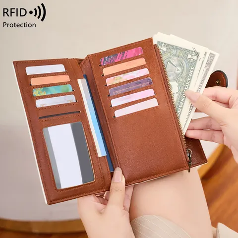 Portafoglio Lungo Donna Protezione RFID Vintage in Pelle PU Triplo Piegamento Porta Passaporto Grande Capacità Viaggio