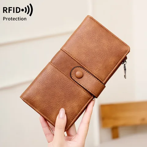 Women's RFID Blocking PU Leather Long Wallet Large Capacity Clutch With Multi Card Slots Snap Button And Zipper Travel Purse