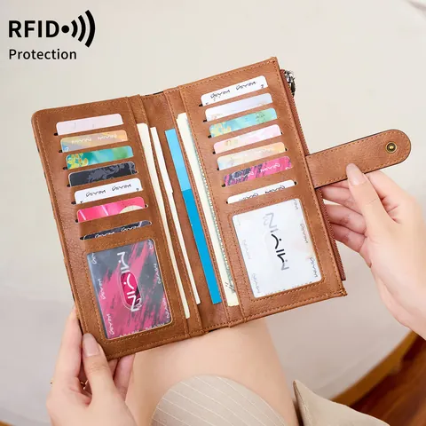 Women's RFID Blocking PU Leather Long Wallet Large Capacity Clutch With Multi Card Slots Snap Button And Zipper Travel Purse