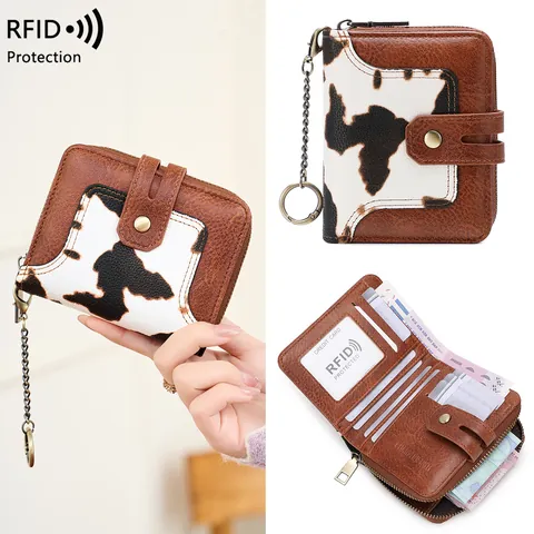 Women RFID Blocking Wallet PU Leather Short Bifold Purse With Chain Keychain Animal Print Lady Coin Case Card Holder