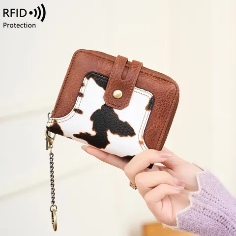 Women RFID Blocking Wallet PU Leather Short Bifold Purse With Chain Keychain Animal Print Lady Coin Case Card Holder