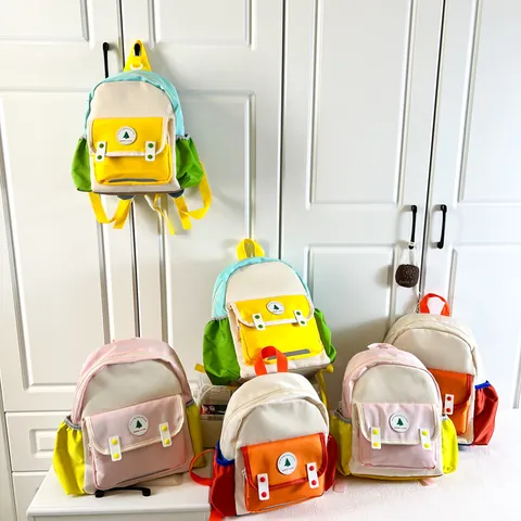 Kids Color Block Nylon Backpack Lightweight School Bag For Kindergarten Boys Girls Casual Preschool Knapsack With Tree Badge