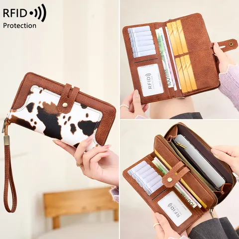 Portafoglio Lungo da Donna Vintage con Blocco RFID in Pelle PU Stampa Animale Motivo Mucca Leopardo Porta Carte Tasca per Cellulare con Cinturino da Polso
