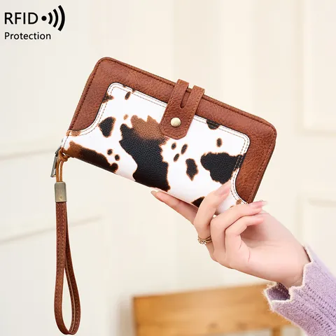 Portafoglio Lungo da Donna Vintage con Blocco RFID in Pelle PU Stampa Animale Motivo Mucca Leopardo Porta Carte Tasca per Cellulare con Cinturino da Polso