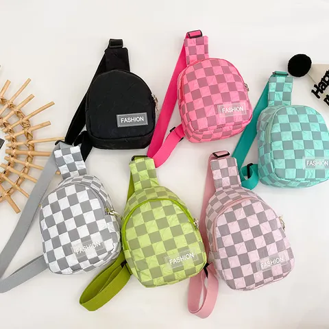 Children's Checkerboard Chest Bag Adjustable Nylon Crossbody Bag For Kids Kindergarten Fashion Letter Small Shoulder Bag