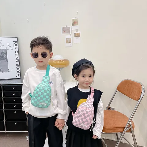 Children's Checkerboard Chest Bag Adjustable Nylon Crossbody Bag For Kids Kindergarten Fashion Letter Small Shoulder Bag
