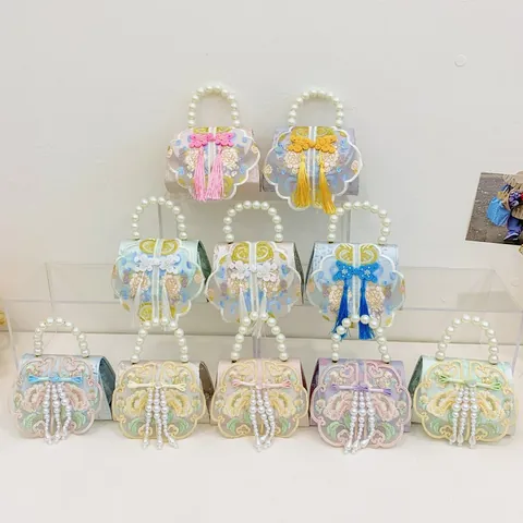 Sac à Bandoulière Style Chinois Vintage Broderie Poignée en Fausse Künstliche Perle Gland Sac à Main Fille Bandoulière Chaîne Métallique