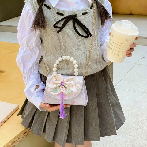 Synthetic Leather Artificial Pearl Alloy Rhinestone Bow Handbag With Tassel For Girls Princess Lolita Style Small Party Bag