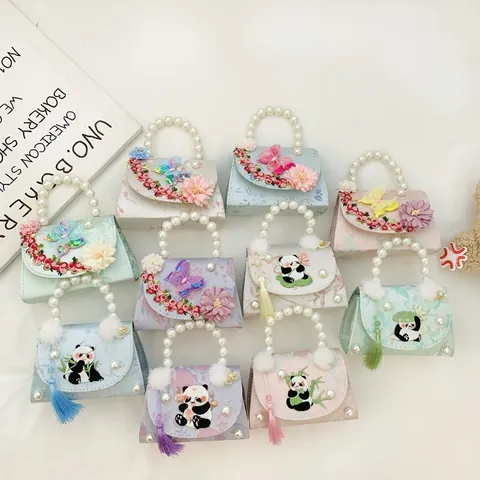 Cute Panda Embroidery Kids Crossbody Bag With Artificial Pearl Handle Butterfly Floral Tassel Handbag Princess Shoulder Bag For Girls