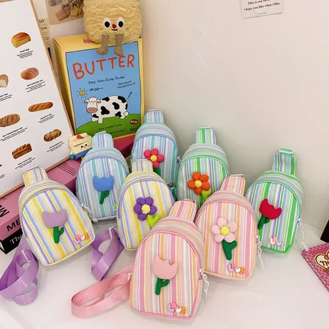 Bolso de Pecho a Rayas Lindo para Niñas con Aplique de Flores y Tulipanes Bolso Bandolera de Tela Ajustable para Jardín de Infancia