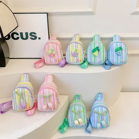 Kids Cute Striped Crossbody Bag With 3D Flower Grape Decoration Girls Sweet Adjustable Shoulder Chest Bag Small Waist Pack