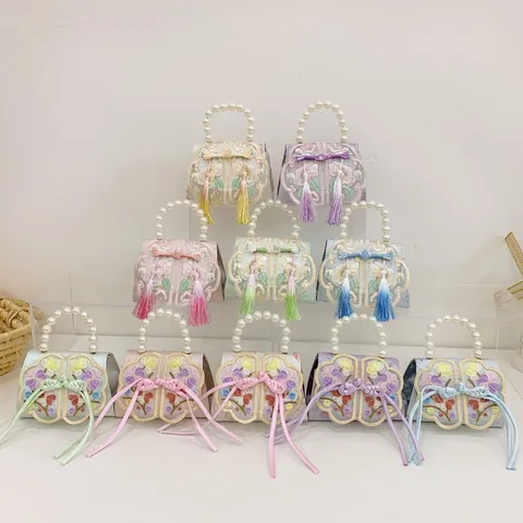 New Chinese Style Kids Floral Embroidery Shoulder Bag Artificial Pearl Handle Tassel Bowknot Girls Crossbody Bag Mini Handbag