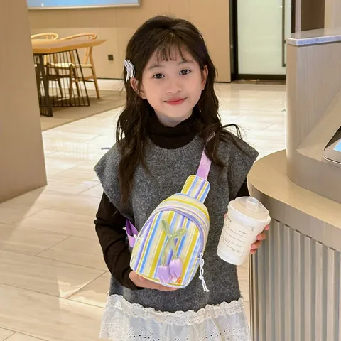 Kids Cute Striped Crossbody Bag With 3D Flower Grape Decoration Girls Sweet Adjustable Shoulder Chest Bag Small Waist Pack