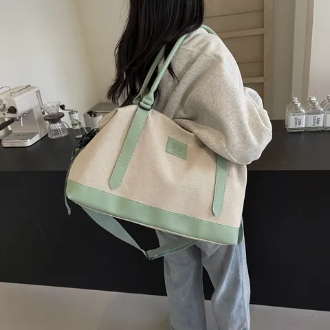 Large Capacity Canvas Travel Bag With Synthetic Leather Splicing Adjustable Shoulder Strap Urban Gym Weekender Tote Bag