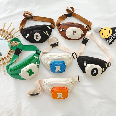 Kids Casual Nylon Chest Bag Contrast Color Letter Patch Embroidery Waist Bag For Boys Girls Adjustable Crossbody Sling Bag