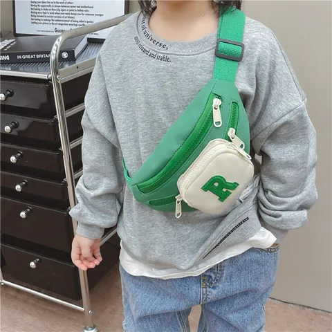 Kids Casual Nylon Chest Bag Contrast Color Letter Patch Embroidery Waist Bag For Boys Girls Adjustable Crossbody Sling Bag