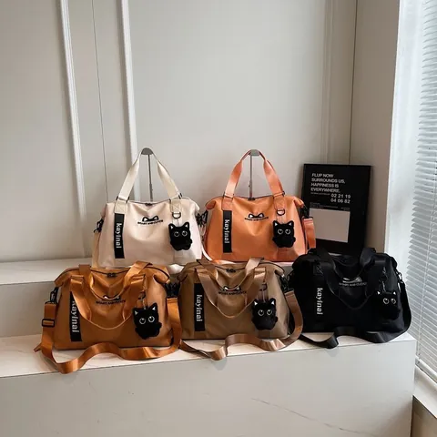 Große Nylon Reisetasche Für Damen Süßes Katzenohren Design Wasserdicht Fitness Handtasche Schultergurt Wochenend Reisetasche