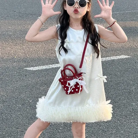 Kids Girls Mini Polka Dot Crossbody Bag PU Leather Pearl Lace Bowknot Small Handbag Child Sweet Fashion Shoulder Bag