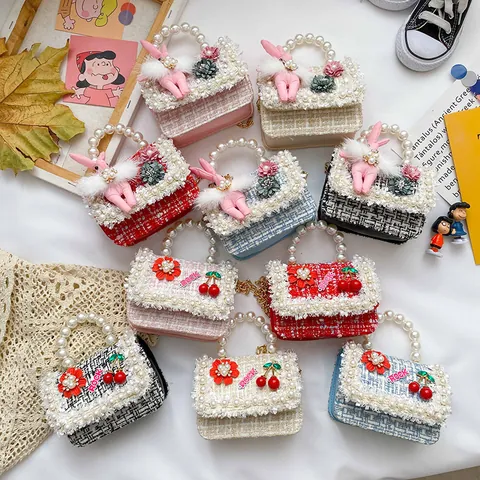 Girls Mini Tweed Handbag Pearl Handle Princess Crossbody Bag Kids Square Bag Rabbit Cherry Charms Metal Chain Strap