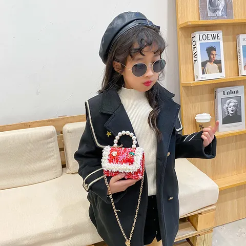Girls Mini Tweed Handbag Pearl Handle Princess Crossbody Bag Kids Square Bag Rabbit Cherry Charms Metal Chain Strap