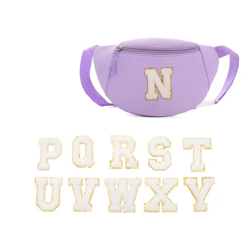 Kinder Lila Nylon Gürteltasche Mit Goldrand Chenille Alphabet Patch Trendige Umhängetasche Brusttasche Für Jungen Mädchen Alltag