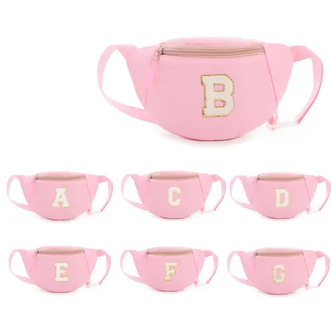 Kids Pink Nylon Fanny Pack With Chenille Letter Patch For Girls Boys Adjustable Waist Bag Casual Crossbody Chest Bag