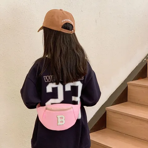 Kids Pink Nylon Fanny Pack With Chenille Letter Patch For Girls Boys Adjustable Waist Bag Casual Crossbody Chest Bag