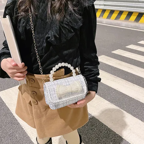 Meisjes Tweed Mini Crossbody Tas Kunstparel Strik Handvat Handtas Zoete Geruite Messenger Tas Voor Kinderen Feest Dagelijks