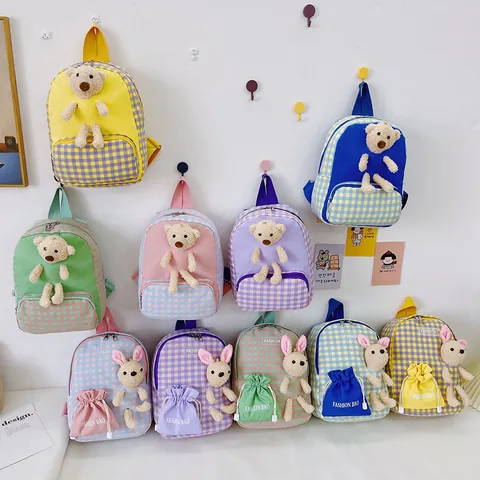 Kids Cute Cartoon Plaid Backpack Nylon School Bag With Plush Bear Bunny Doll For Kindergarten Primary Boys Girls