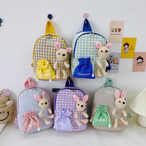 Kids Cute Cartoon Plaid Backpack Nylon School Bag With Plush Bear Bunny Doll For Kindergarten Primary Boys Girls